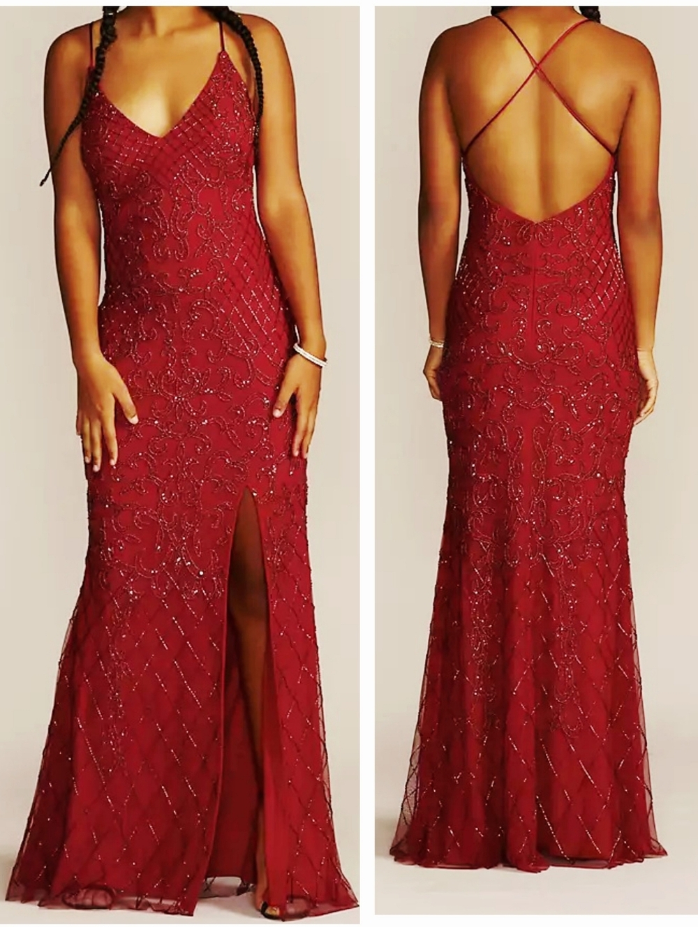 Women's Red Formal Beaded V-Neck Floor-Length Gown. Size 2